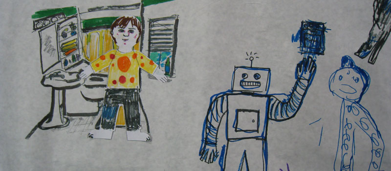 Pen and marker drawing of child and robots